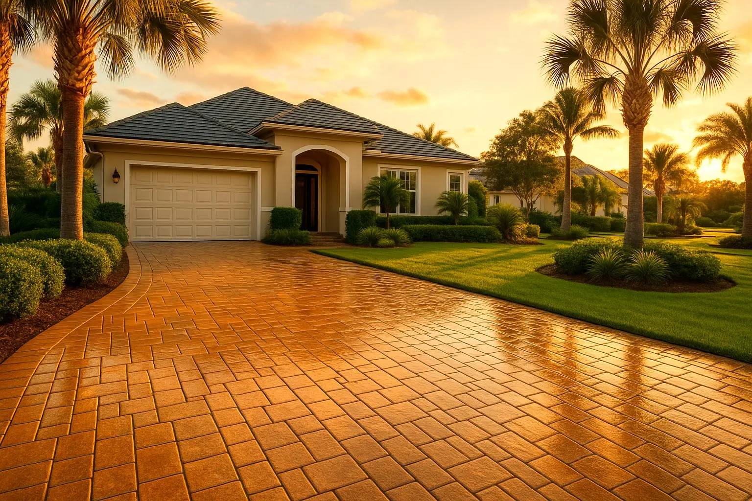 Wet-look sealed paver driveway gleaming at Ponte Vedra luxury estate