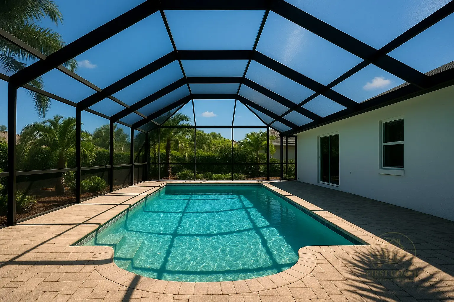 Screened pool cage softwashed inside and out for Northeast Florida home.