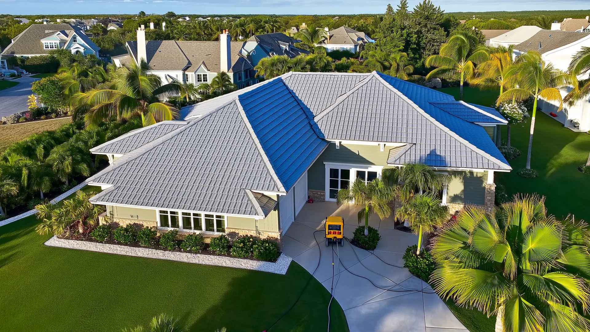 Professional soft washing of barrel tile roof on luxury Ponte Vedra home