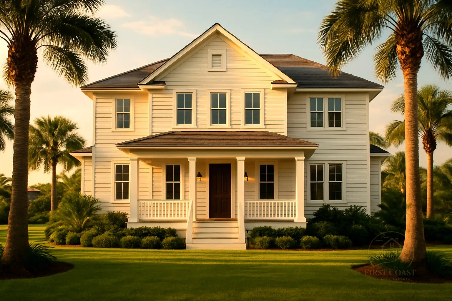 Two-story Northeast Florida home softwashed brilliant white by FCPE exterior crew