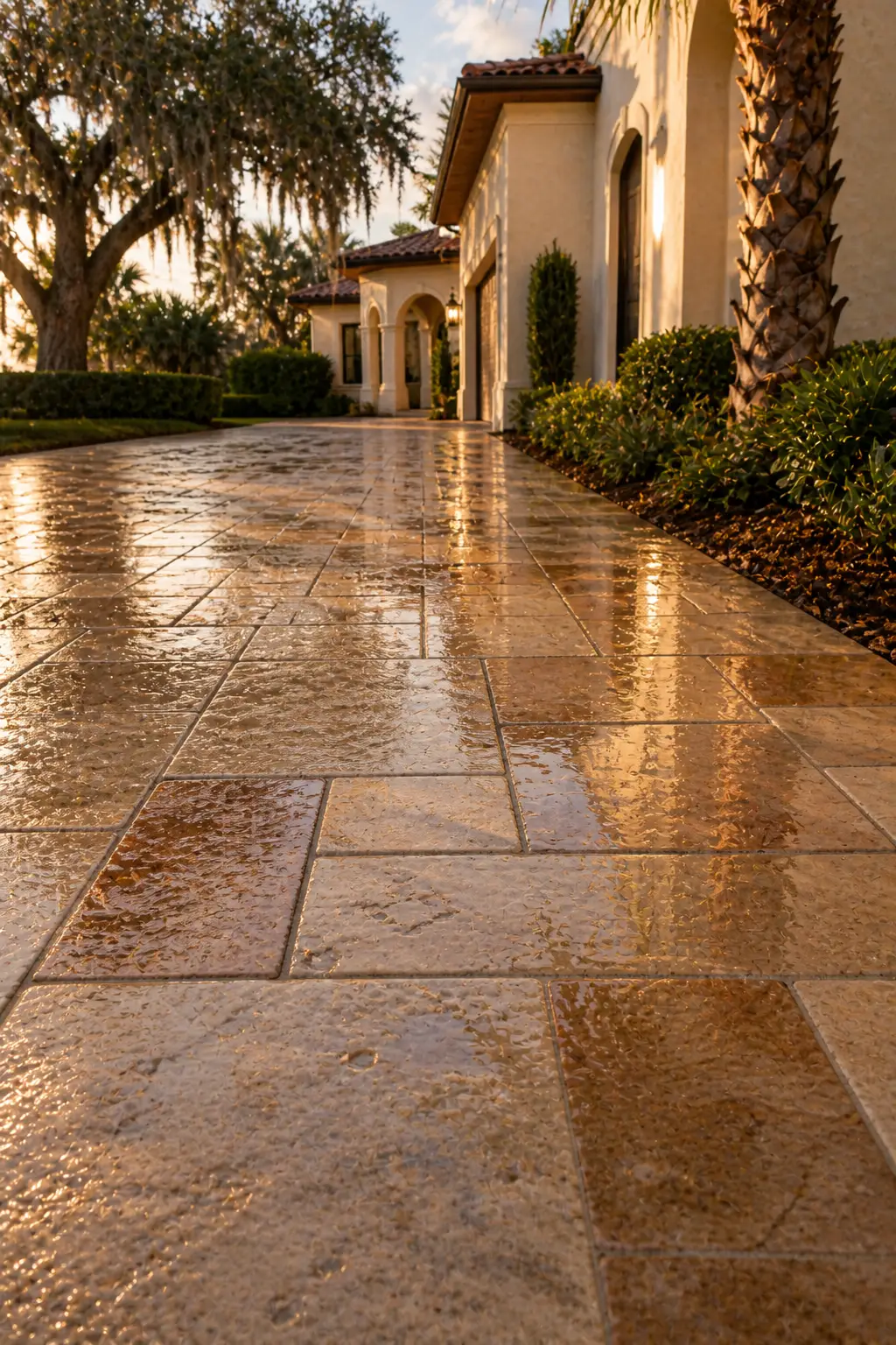 Newly sealed paver driveway at golden hour in Duval County, Florida — joint angular sand + two-coat breathable sealer system by First Coast Property Experts.
