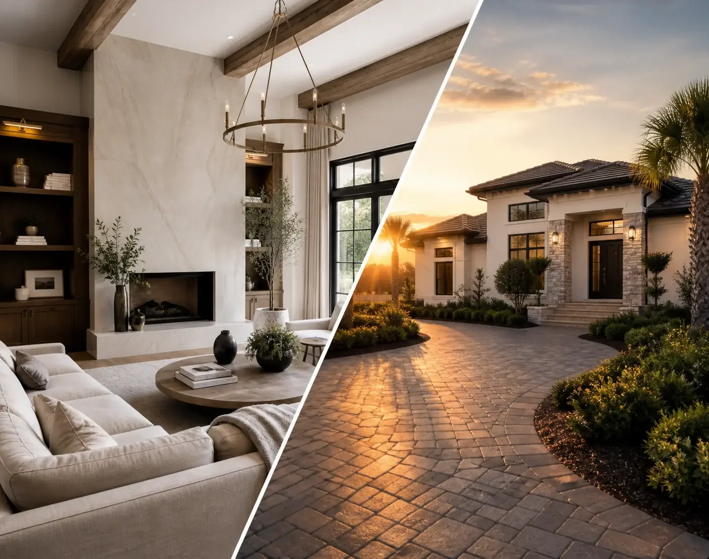 Two disciplines, one standard — luxury living room interior on the left, paver-driveway exterior at golden hour on the right. The interior and exterior of First Coast Property Experts homes in Northeast Florida.