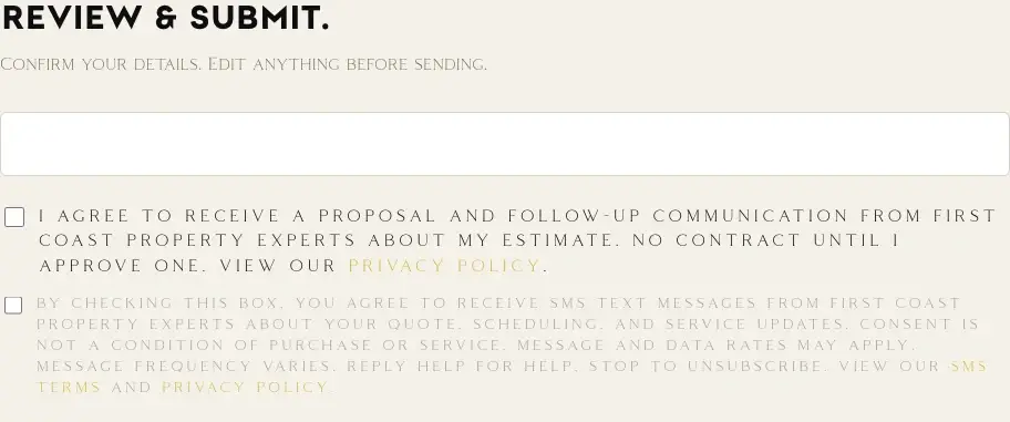 FCPE estimate form final step showing the required contact-consent checkbox and the separate optional SMS consent checkbox, both unchecked by default