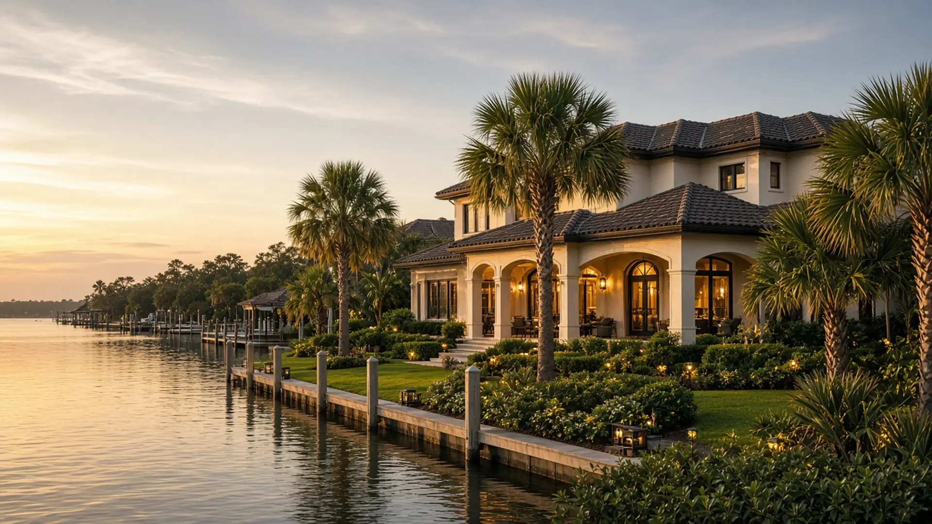 Waterfront estate at Queens Harbour yacht community, Jacksonville at dusk