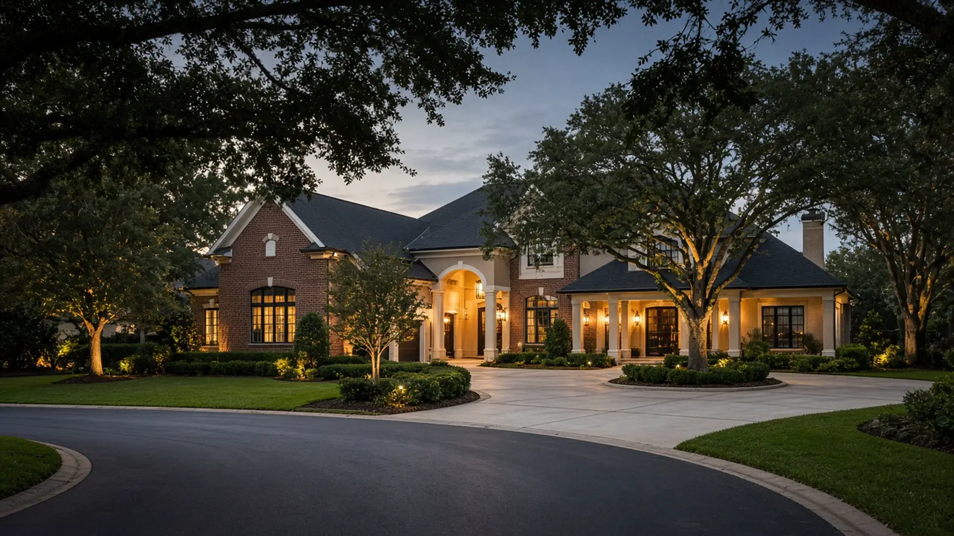 Gated Deerwood community home, Jacksonville at dusk