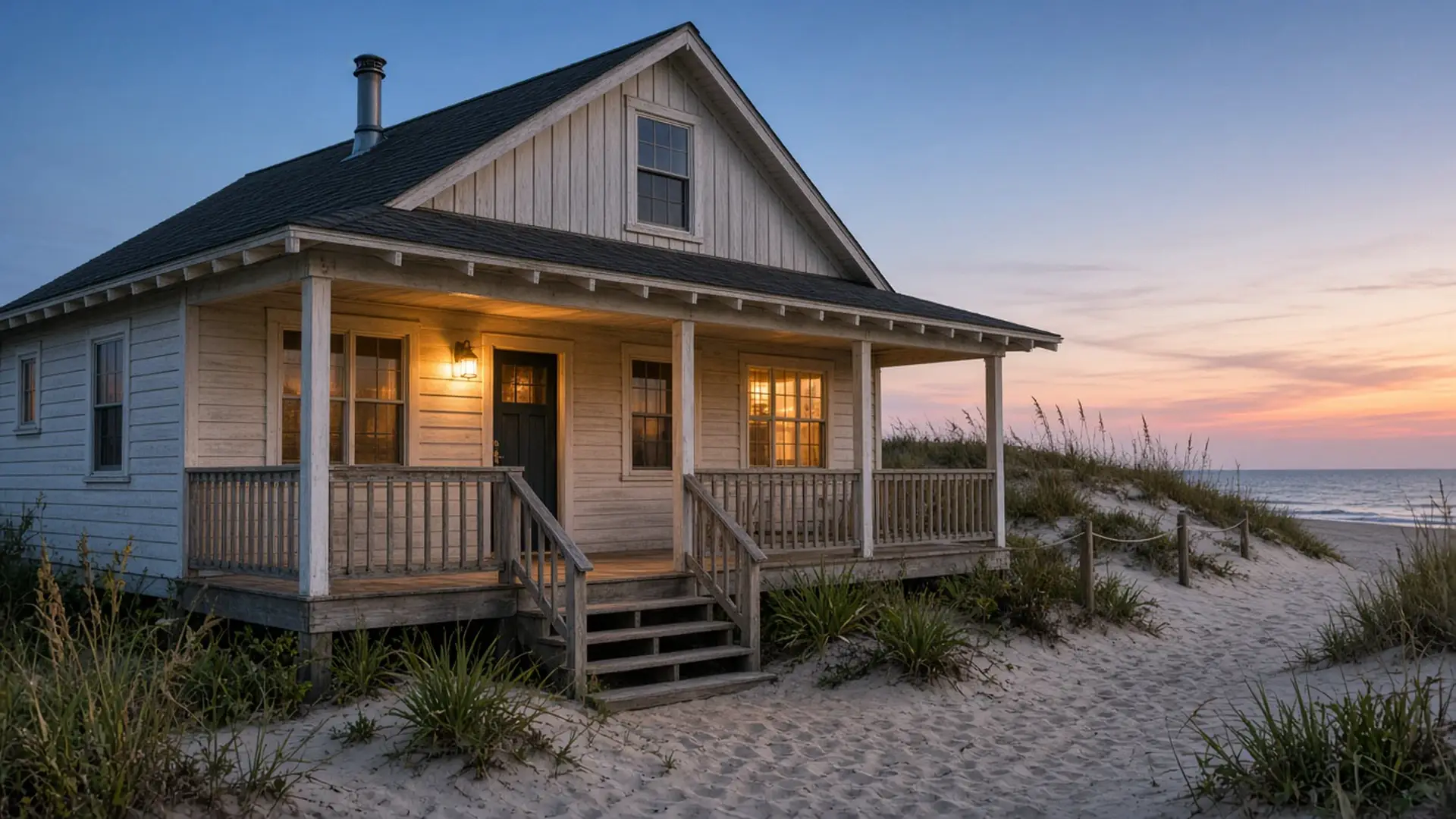 Beachside cottage in Neptune Beach at dusk
